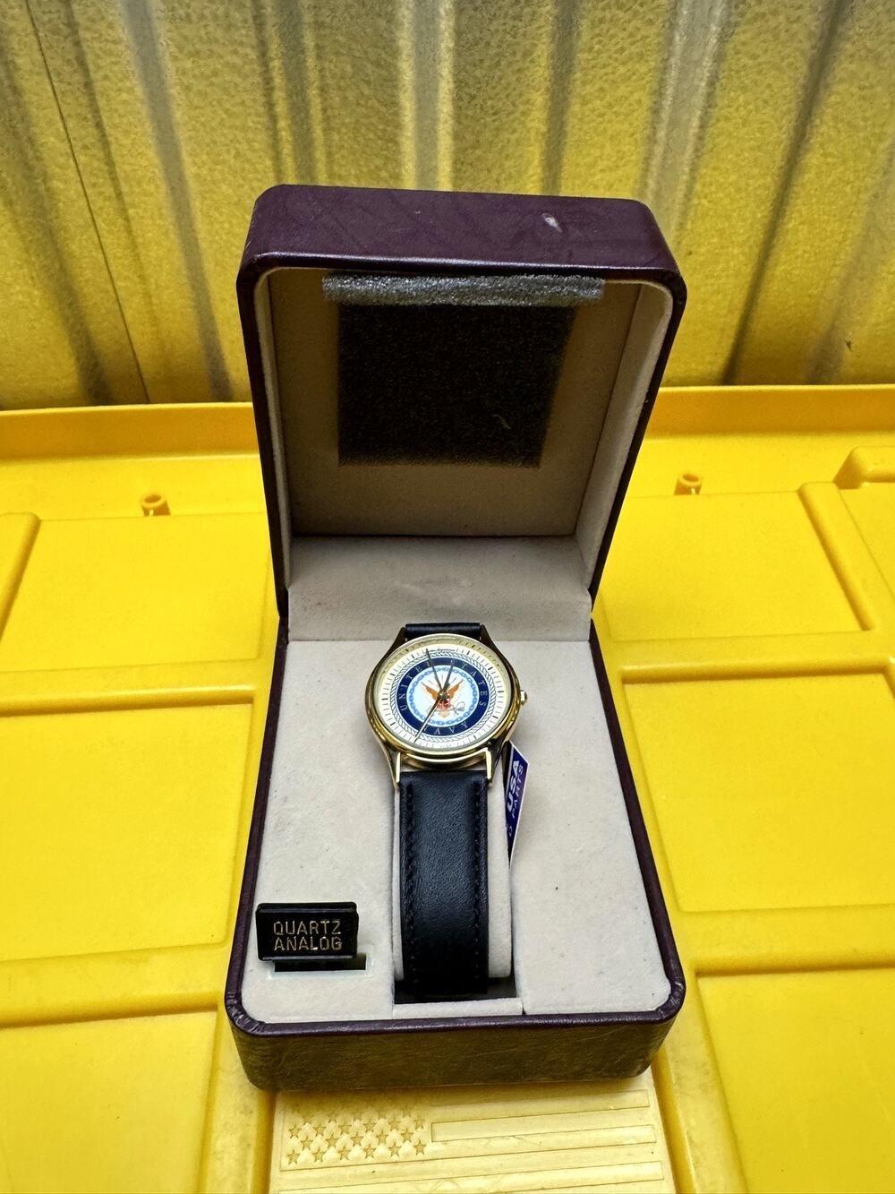 US Navy Quartz Analog Watch Gold Tone Black Leather Strap in Gift Box
